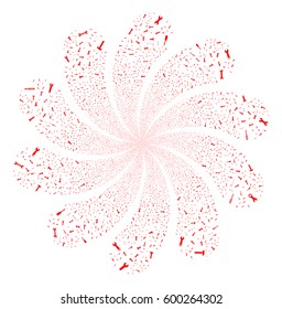 Repair Tools fireworks swirl flower with ten petals. Vector illustration style is flat red scattered symbols. Object whirlpool organized from random pictographs.