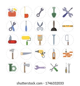 herramientas de reparación conjunto de iconos planos con martillo, llave y destornillador, taladro, uñas, cortador, rodillo de pintura, sierra, caja de herramientas