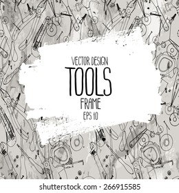 Repair tools frame. Cutter, screwdriver, pliers, adjustable wrench, bolt, screw, nut, scotch tape, measuring tape, hammer, dowel nail. Vector design on craft paper