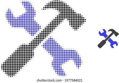 Repair tools halftone dotted icon illustration. Halftone pattern contains round dots. Vector illustration of repair tools icon on a white background. Flat abstraction for repair tools object.