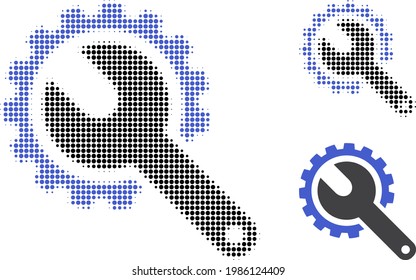 Repair tools halftone dotted icon. Halftone array contains round dots. Vector illustration of repair tools icon on a white background.