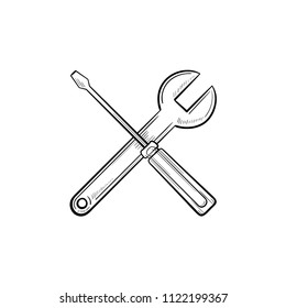 Repair tools hand drawn outline doodle icon. Crossed screwdriver and wrench as real estate and housing repair and maintenance service concept. Vector sketch illustration on white background.