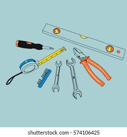 Repair Tools, homework, construction. Vector hand-drawn sketch