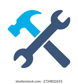 Icono de herramientas de reparación de diseño de Vector plano azul Llave de martillo cruzada Servicio de mantenimiento de símbolos Hardware Fijar signo de elemento gráfico