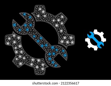 Repair tools icon and constellation mesh repair tools model with glossy spots. Illuminated constellation is generated using repair tools vector icon and triangle mesh. Bright frame repair tools,