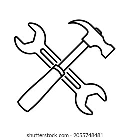 Repair tools icon. Crossed tool icon. Hammer and wrench. Vector illustration.