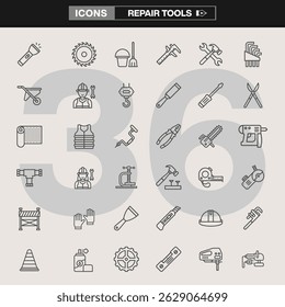 Repair Tools Icon Set Featuring 36 Line Art Symbols Representing Construction, Maintenance, Safety Equipment, and Handheld Tools for Industrial and DIY Projects
