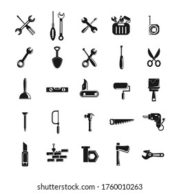 repair tools icon set with hammer, wrench and screwdriver, drill, nails, cutter, painting roller, saw, tool box