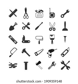 repair tools icon set with hammer, wrench and screwdriver, drill, nails, cutter, painting roller, saw, tool box