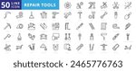 Repair tools icon set with maintenance, cutting, knife, sickle, scythe, hatchet, ruler, service, plunger, and drill.