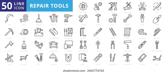 Repair tools icon set with maintenance, cutting, knife, sickle, scythe, hatchet, ruler, service, plunger, and drill.