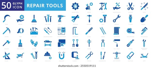 Conjunto de iconos de herramientas de reparación con tornillo, electrónica, servicio, mantenimiento, cuchillo, llave, destornillador, martillo, perno, paleta, taladro, Regla, guantes, cinta métrica, cincel, hacha, guadaña y hoz