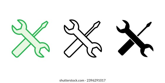 Conjunto de iconos de las herramientas de reparación. vector de icono de herramienta. indicador de icono de configuración. Llave y destornillador. soporte, servicio