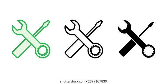 Conjunto de iconos de las herramientas de reparación. vector de icono de herramienta. indicador de icono de configuración. Llave y destornillador. soporte, servicio