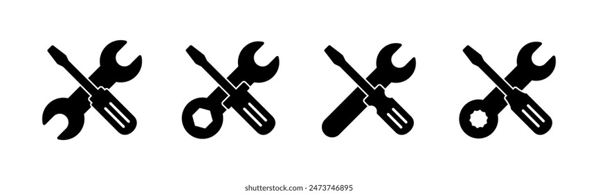 Conjunto de iconos de herramientas de reparación. Vector de iconos de herramientas. Vector de iconos de configuración. Llave y destornillador. Asistencia, Servicio