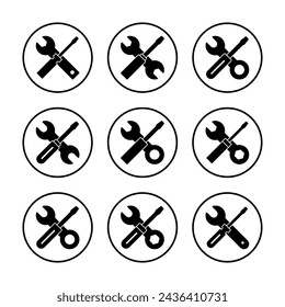 Ilustración vectorial de icono de herramientas de reparación. símbolo y signo de herramienta. icono de configuración. Llave y destornillador. Servicio