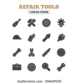 Repair tools icons. Hammer with wrench key, wheel and brush. Screwdriver, electric plug and scissors. Circuit board, magnifying glass and construction helmet. Line icon with black border. Vector