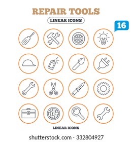 Repair tools icons. Hammer with wrench key, wheel and brush. Screwdriver, electric plug and scissors. Circuit board, magnifying glass and construction helmet. Circle buttons on white. Vector