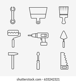 Repair tools icons on white background. House renovation equipment set. Building instruments collection. Flat line vector illustration design. 