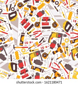 Repair tools icons in seamless pattern, vector illustration. Wrapping paper print design, flat style house building and renovation material, toolbox instrument. Reconstruction tools, saw, drill, brush