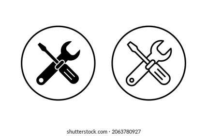 Conjunto de iconos de las herramientas de reparación. símbolo y signo de la herramienta. para abrir el Navegador. Llave y destornillador. Servicio