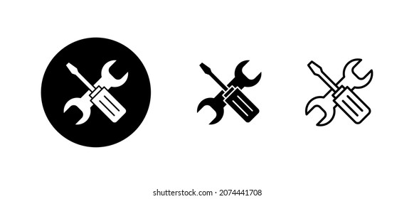 Conjunto de iconos de las herramientas de reparación. símbolo y signo de la herramienta. para abrir el Navegador. Llave y destornillador. Servicio