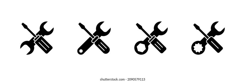 Conjunto de iconos de las herramientas de reparación. símbolo y signo de la herramienta. para abrir el Navegador. Llave y destornillador. Servicio