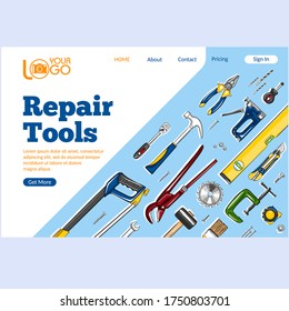 Repair tools landing page. Construction hand tools sketches for carpentry, handyman service advertising. Craftsmanship and handwork cartoon layout. Artisan mechanic workshop vector illustration.
