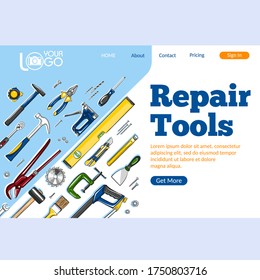 Repair tools landing page. Construction hand tools sketches for carpentry, handyman service advertising. Craftsmanship and handwork cartoon layout. Artisan mechanic workshop vector illustration.