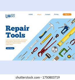 Repair tools landing page. Construction hand tools sketches for carpentry, handyman service advertising. Craftsmanship and handwork cartoon layout. Artisan mechanic workshop vector illustration.