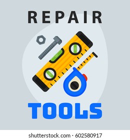 Repair tools level measuring tape icon creative graphic design logo element and service construction work business maintenance equipment vector illustration.