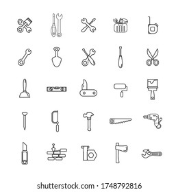 conjunto de iconos de línea de herramientas de reparación con martillo, llave y destornillador, taladro, uñas, cortador, rodillo de pintura, sierra, caja de herramientas