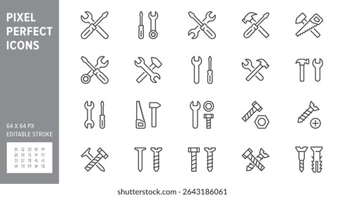 Repair tools line icon set. Vector illustration include icon - hammer, ring spanner, fasteners, screwdriver, wrench outline pictogram for construction toolkit. 64x64 Pixel Perfect, Editable Stroke.