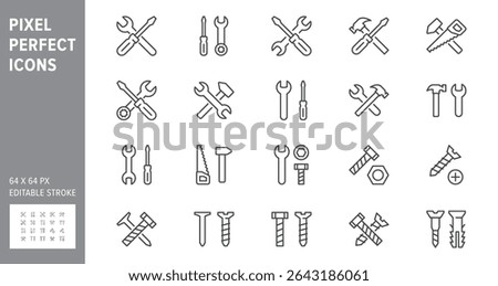 Repair tools line icon set. Vector illustration include icon - hammer, ring spanner, fasteners, screwdriver, wrench outline pictogram for construction toolkit. 64x64 Pixel Perfect, Editable Stroke.