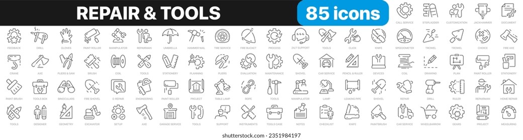 Repair and tools line icons collection. Instruments, construction, brush icons. UI icon set. Thin outline icons pack. Vector illustration EPS10