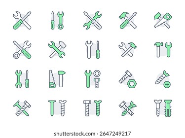 Repair tools line icons. Vector illustration include icon - hammer, ring spanner, fasteners, nail, screwdriver, wrench outline pictogram for construction toolkit. Green Color, Editable Stroke.