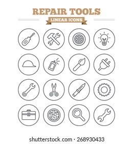 Repair tools linear icons set. Hammer with wrench key, wheel and brush. Screwdriver, electric plug and scissors. Circuit board, magnifying glass and construction helmet. Thin outline sign. Flat vector