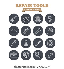 Repair tools linear icons set. Hammer with wrench key, wheel and brush. Screwdriver, electric plug and scissors. Circuit board, magnifying glass and construction helmet. Thin outline sign. Flat circle