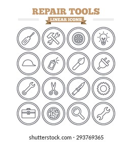Repair tools linear icons set. Hammer with wrench key, wheel and brush. Screwdriver, electric plug and scissors. Circuit board, magnifying glass and construction helmet. Thin outline signs. Vector