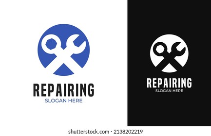 Repair tools logo design. Spanner icon for workshop or mechanic identity. Automotive service equipment