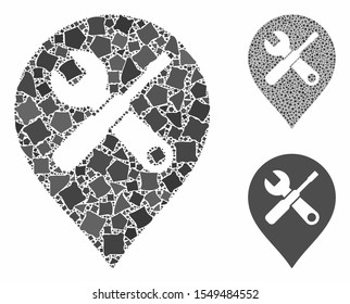 Repair tools map marker mosaic of rugged elements in various sizes and color tones, based on repair tools map marker icon. Vector rugged pieces are combined into collage.