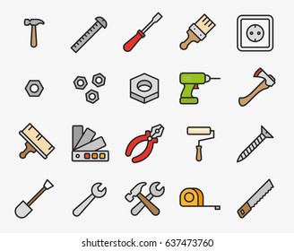 Repair Tools Minimal Color Flat Line Outline Stroke Icon Pictogram Symbol Set Collection. Hammer, Screwdriver, Nut, Paint Brush, Drill, Axe, Pliers, Roller, Wrench, Saw, Measure Tape.