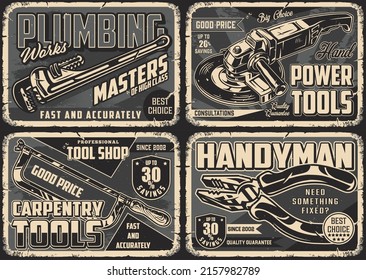 Repair tools monochrome vintage posters set with inscriptions, adjustable pipe wrench, grinder, hacksaw, pliers on scraped backgrounds, vector illustration