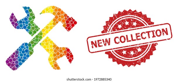 Repair tools mosaic icon of circle blots in variable sizes and LGBT color tones, and New Collection grunge rosette seal imitation. A dotted LGBT-colored Repair tools for lesbians, gays,