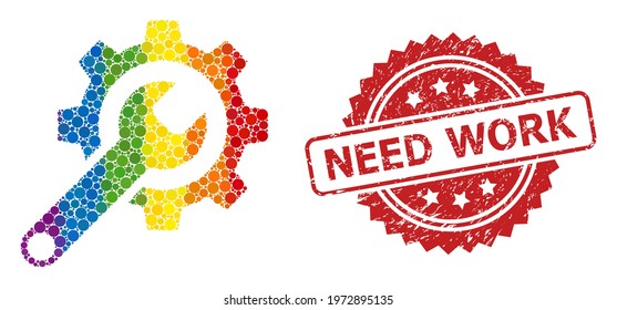 Repair tools mosaic icon of circle dots in various sizes and LGBT colored color tinges, and Need Work dirty rosette stamp seal. A dotted LGBT-colored Repair tools for lesbians, gays, transgenders,