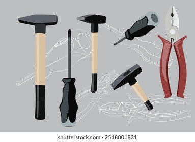 Reparaturwerkzeuge auf grauem Hintergrund. Weiße Linie Symbole von Reparatur-Tools. Hämmer, Schraubendreher und Zangen.