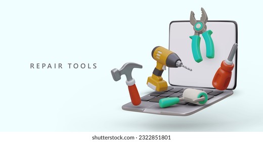 Repair tools. Online store, large assortment. 3D open laptop, roller brush, screwdriver, pliers, hammer, cordless drill. Remote selection, non cash payment. Color modern advertising poster