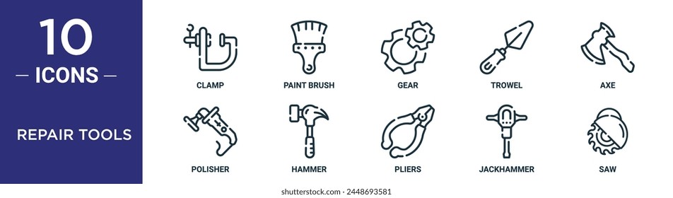 el conjunto de iconos de contorno de herramientas de reparación incluye una pinza de línea fina, pincel, engranaje, pala, hacha, pulidor, iconos de martillo para informe, presentación, diagrama, Diseño web