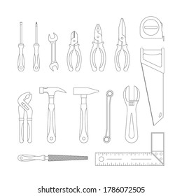 Repair tools outline icons set. Carpentry workshop equipment isolated thin line elements. Construction tools for carpentry and home renovation. Mechanic instruments for DIY store vector illustration.