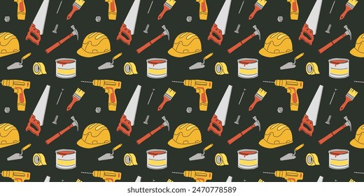 Repair tools pattern. House construction equipment seamless background. Doodle drawing. Building instruments screwdriver saw and hammer. Renovation industry. Vector cartoon flat isolated illustration